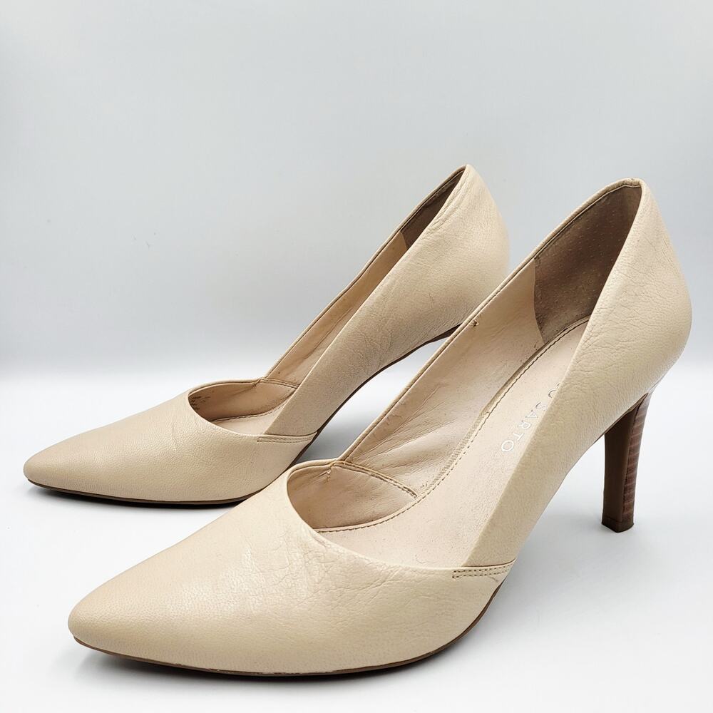 Franco Sarto Amara Cream Leather Pointed Toe Stacked Heel Pumps Women's Size 8 - Picture 3 of 9